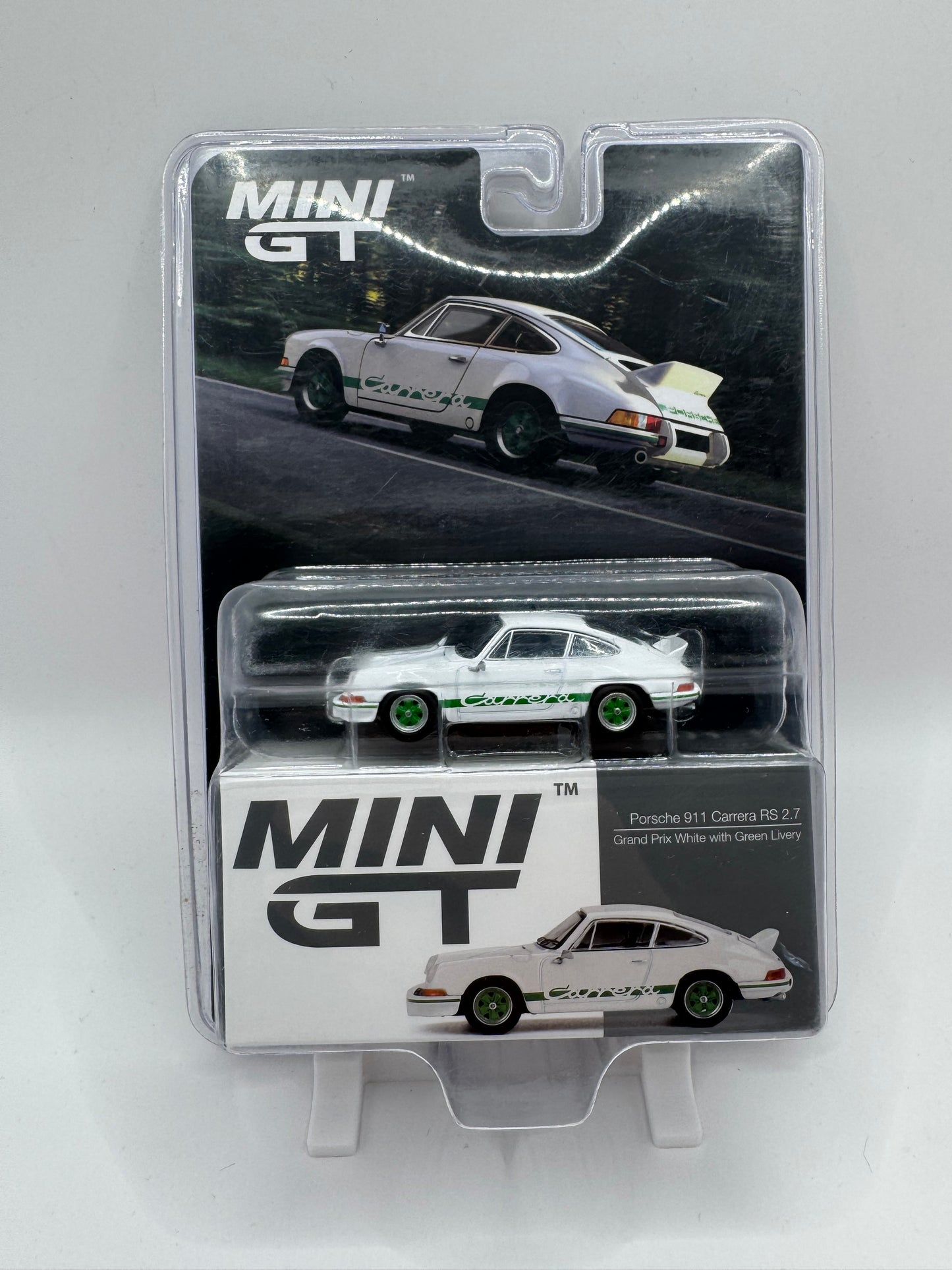 Mini GT: Porsche 911 Carrera RS 2.7 - Grand Prix White with Green Livery