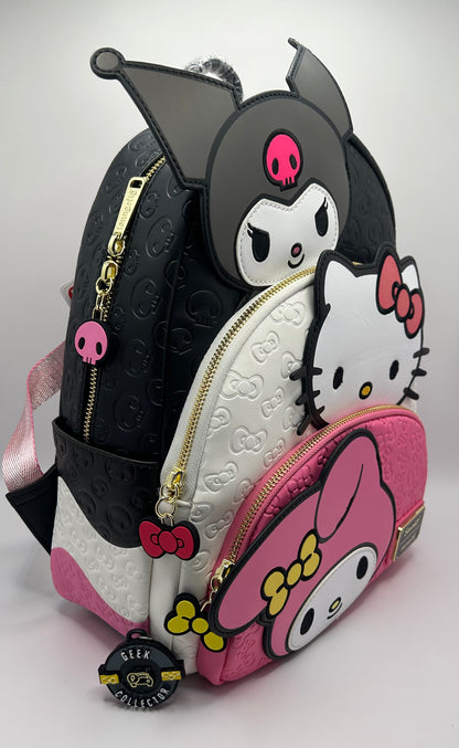 Mochila Loungefly Sanrio: Triple Diversión (Kuromi, Hello Kitty & My Melody)