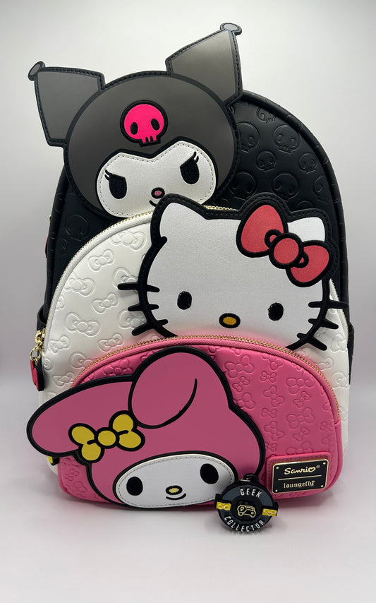 Mochila Loungefly Sanrio: Triple Diversión (Kuromi, Hello Kitty & My Melody)